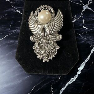 Vintage Silver Tone Angel Brooch Faux Pearl Head & Filigree Halo Flowers 3D Pin